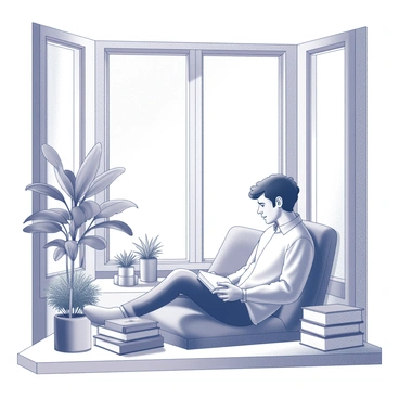 A person sitting comfortably in a cozy window nook. The window allows ample sunlight to pour in, illuminating the space. Surrounding the person are various houseplants with lush, green leaves. On a nearby shelf or table, there are stacks of books, some opened and others closed. The person's posture suggests relaxation, perhaps with a book in hand, enjoying the tranquility of the moment.