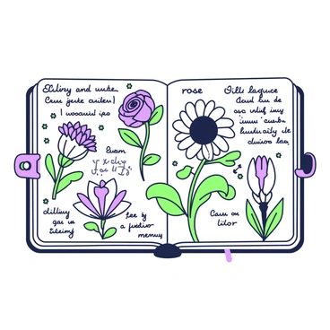 A sketchbook page is displayed, filled with various detailed sketches of flowers. In the center, there are intricate drawings of a rose with visible petals and thorns, a sunflower with large circular seeds, and a delicate lily with elongated petals. Surrounding the flowers, there are handwritten notes describing each flower's features, including "rose," "sunflower," and "lily" written in a neat cursive style. Some sketches show the flowers from different angles, while others focus on close-up details like leaves and stems. The paper has a slight texture, and the sketches and notes appear to be done in pencil and ink.