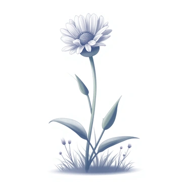 A single cornflower with distinct petal shapes stands prominently. The flower's long green stem supports it, while several leaves extend from the base. The surrounding area features scattered blades of grass, with a soft focus on small wildflowers nearby. The light creates subtle shadows, enhancing the details of the petals and leaves. The atmosphere suggests a tranquil afternoon, characterized by the gentle illumination from the sun.