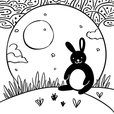 A rabbit sitting on the ground under a large full moon. The moon casts a soft glow over the landscape. Surrounding the rabbit are gently swaying grasses and a few scattered wildflowers. The sky is filled with intricate patterns resembling clouds and stars, creating a detailed backdrop for the scene.