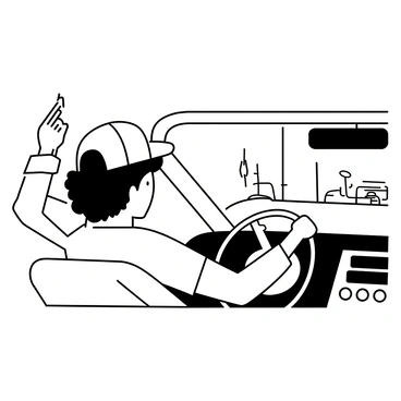 A student driver sitting in a car, focused on checking the rearview mirror. The driver is a young person wearing a baseball cap and a casual shirt. Their right hand is raised to signal a turn, while the left hand is gripping the steering wheel. The car's interior is visible, with the dashboard and controls clearly outlined. Outside the window, the street is lined with trees and a few parked cars, adding context to the scene.