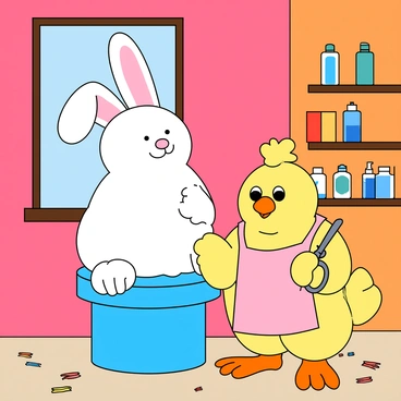 A fluffy white bunny with large ears is sitting on a bright blue stool. The bunny has a puzzled expression as it looks at its reflection in a mirror. A yellow chicken stylist, wearing a small pink apron and holding a pair of shiny scissors, is standing next to the bunny. The chicken has large, expressive eyes and a fluffy tuft of feathers on its head. Around them, colorful hair clippings are scattered on the floor. The background features a cheerful salon setting with a bright pink wall and a shelf filled with various hair care products.
