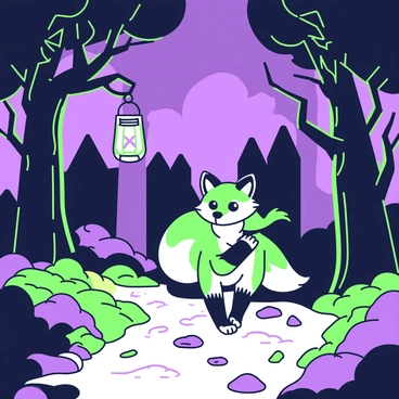 A fox is standing on a path in a dark forest, holding a glowing lantern in its mouth. The lantern emits a soft light, illuminating the surrounding area. The trees are tall and dense, with twisted branches and leaves casting intricate shadows. The fox has a bushy tail and bright eyes, focused ahead as it navigates the path. The ground is covered in a layer of fallen leaves and occasional rocks, creating a textured surface beneath the fox's paws. In the background, silhouettes of more trees can be seen, adding depth to the forest scene.