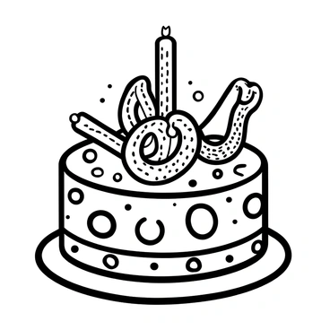 A round cake with intricate designs on its surface, featuring swirls and patterns. Atop the cake, several golden-brown churros are artfully arranged, some standing upright while others are laid across the cake. The churros have a textured, ridged appearance. In addition to the churros, there are scattered sprinkles and small decorative accents around the edges of the cake, enhancing its festive look. The base of the cake is adorned with a simple, elegant border.