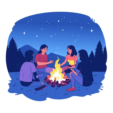 A faceless group of friends sitting around a campfire at night, with stars twinkling overhead.