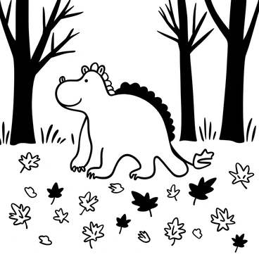 A Gruffalo walking through a carpet of leaves on the forest floor. The ground is covered with a variety of fallen leaves, showcasing different shapes and sizes. Trees in the background have bare branches, while some still hold onto a few leaves. The Gruffalo has its distinctive features, such as a spiky back and large feet, as it strides confidently among the leaves. The scene captures the essence of autumn with abundant foliage scattered around.