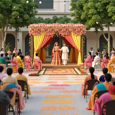 A traditional Indian wedding ceremony taking place in a beautifully decorated outdoor venue. The scene features a large, ornate mandap made of colorful drapes and flowers. There are intricate patterns on the floor made with colored powders. Guests are seated on elegant chairs, adorned with decorative cushions. Women are dressed in vibrant sarees while men wear traditional kurtas. The atmosphere is lively with string lights hanging overhead and a backdrop of lush greenery. A couple stands under the mandap, dressed in traditional wedding attire, with the bride wearing a red and gold lehenga and the groom in a cream-colored sherwani. A priest is performing the rituals, with various ceremonial items arranged on a small table.