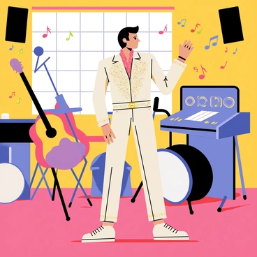 A cartoon-style illustration of "Elvis" standing in a recording studio in "Nashville". He has slicked-back hair and is wearing a classic jumpsuit adorned with rhinestones. The studio is filled with various "musical instruments" including guitars, a piano, and a drum set. Sound equipment and microphones are strategically placed around the room. There are colorful music notes floating in the air, symbolizing creativity and inspiration. A large mixing console is in the background, with lights and knobs visible.