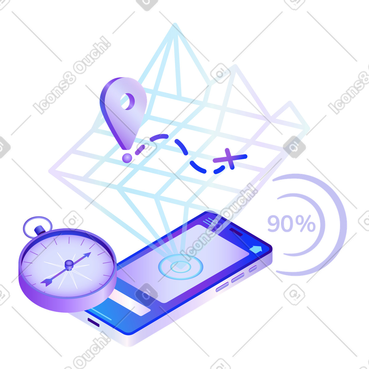 Ilustración Navegación en línea con el teléfono estilo Hi-tech a descargar PNG y SVG