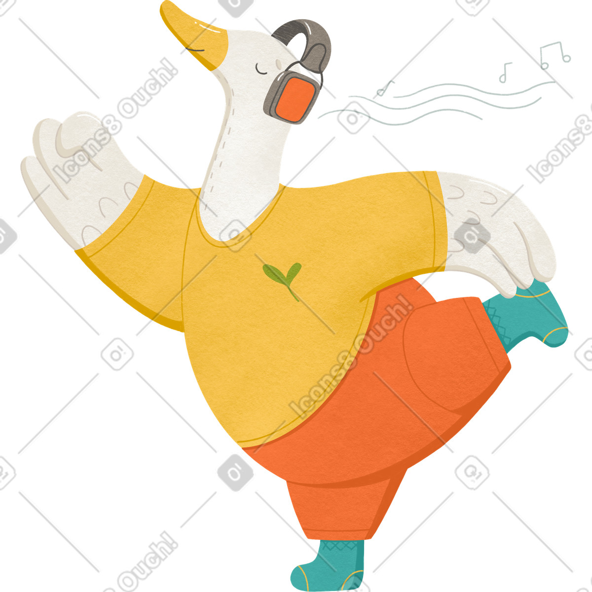 スタイルの Goose with headphones listening to music and doing gymnastics のイラストをPNG、SVG形式でダウンロード