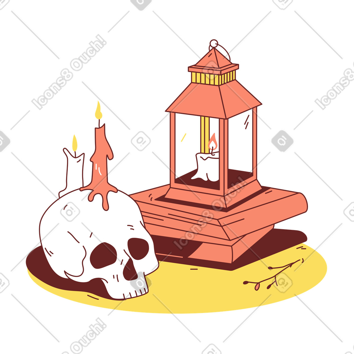 Skull with books stack and candle in lantern illustration clipart PNG SVG GIF