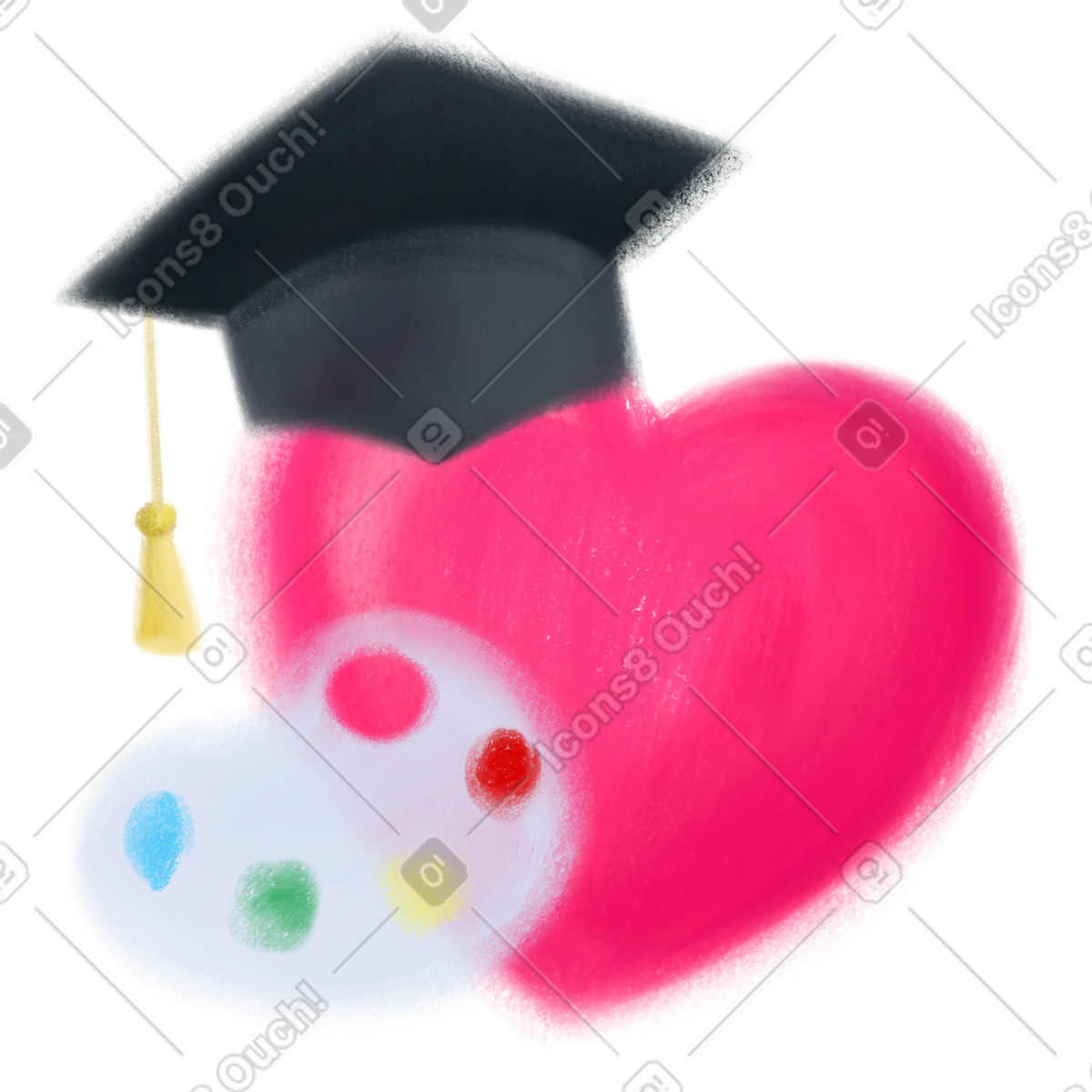 Square academic cap, heart, and palette illustration in Mushy style download in PNG, SVG