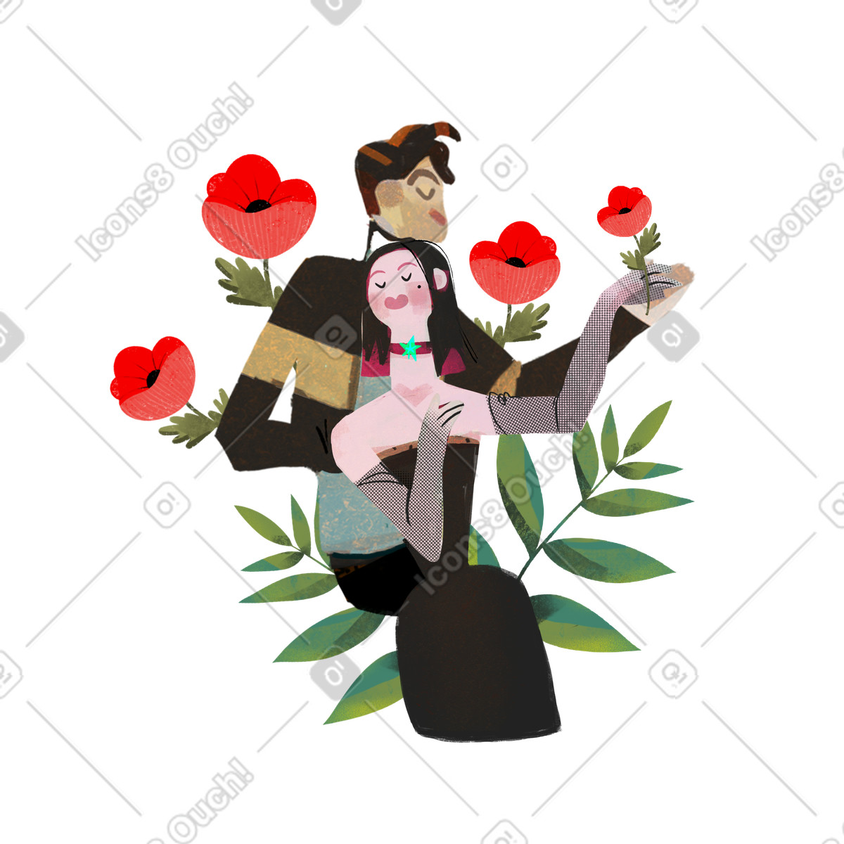 Romantic couple with flowers on valentines day illustration in Fabulous style download in PNG, SVG