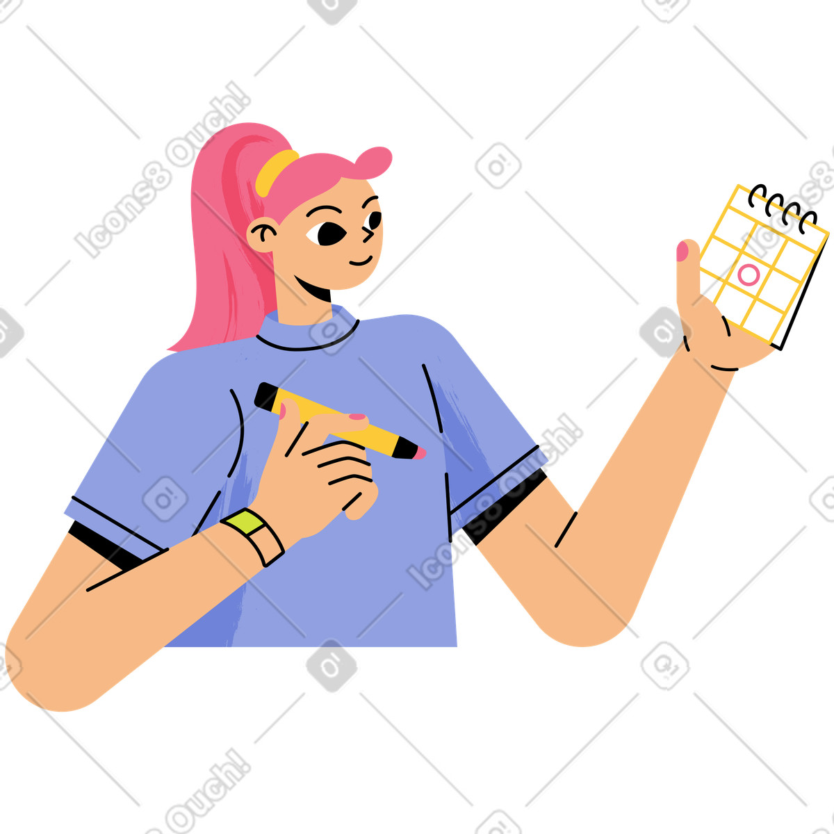 Giovane donna con il calendario illustrazione in stile Juicy scarica in PNG, SVG