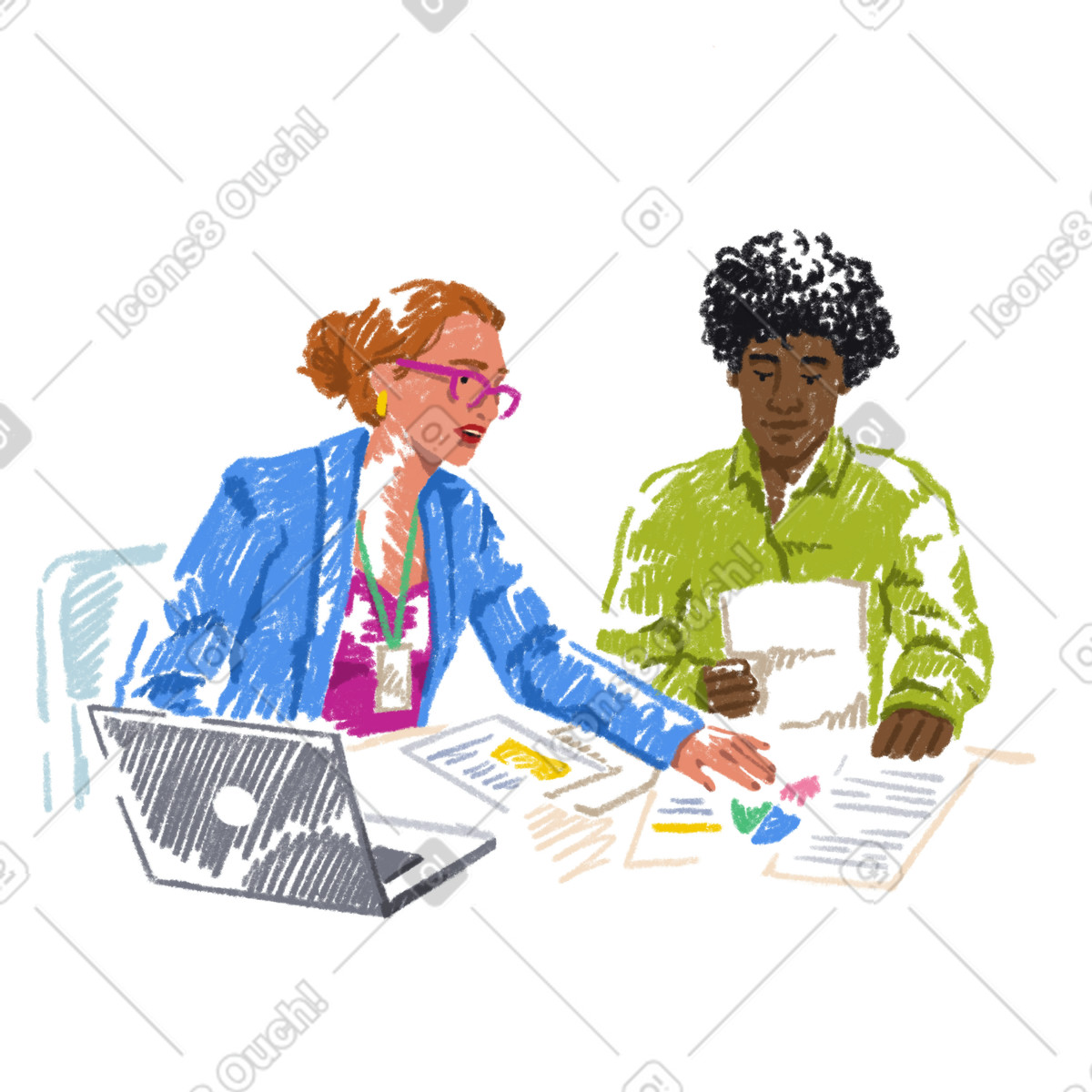 Sketchbook 스타일의 Woman and a man analyze data 일러스트레이션 PNG, SVG 다운로드