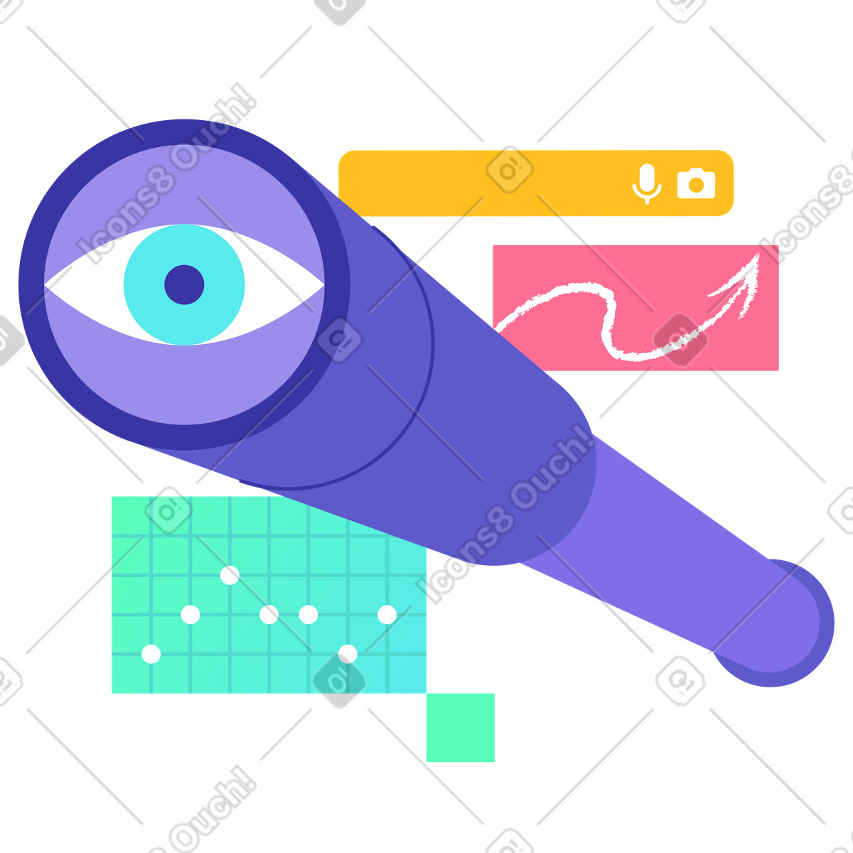 Eye in spyglass over charts, online data exploration and research illustration in PNG, SVG