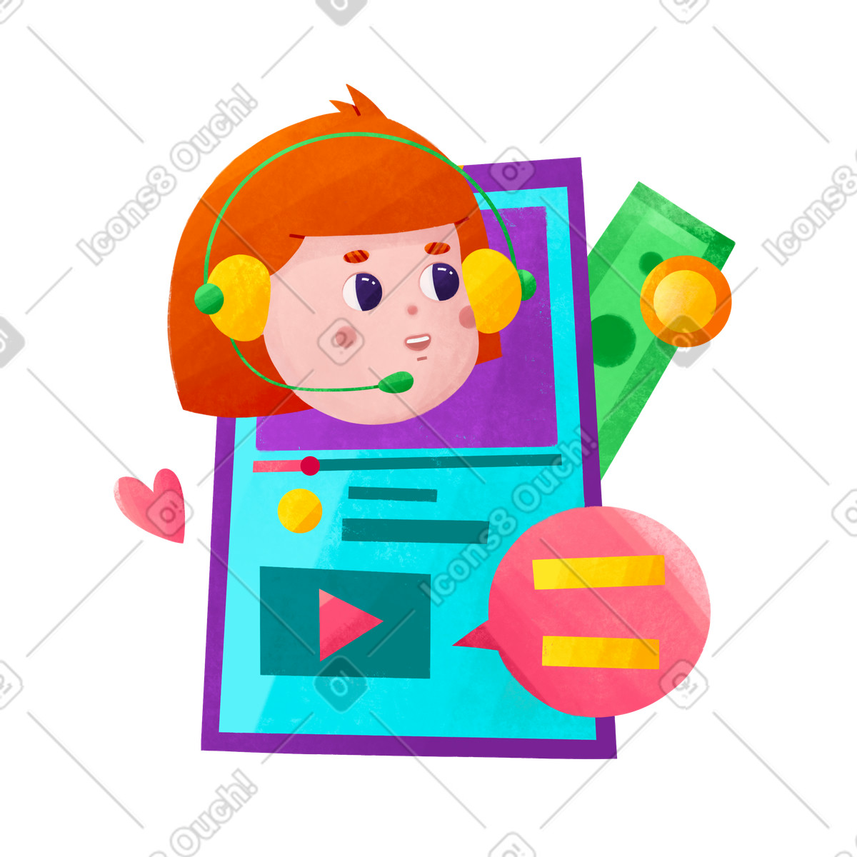 Blogger broadcasting with headset, Digital influencer and live streaming illustration in Bonbon style download in PNG, SVG
