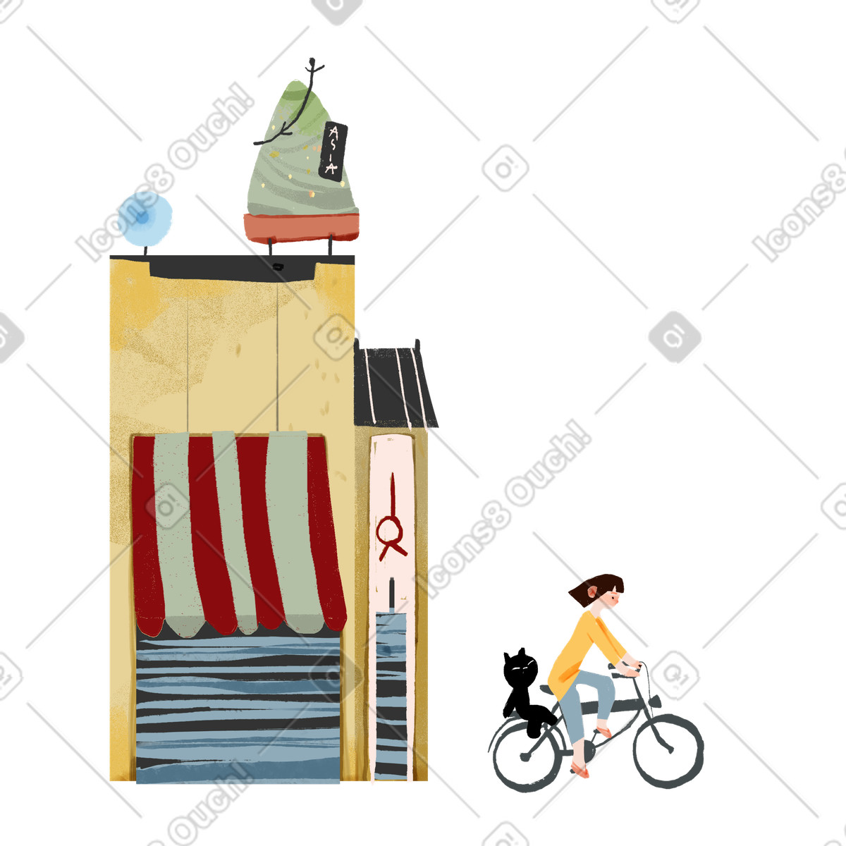 Bicyclist passing closed store, Out of office or logged concept illustrazione in stile Ikigai scarica in PNG, SVG