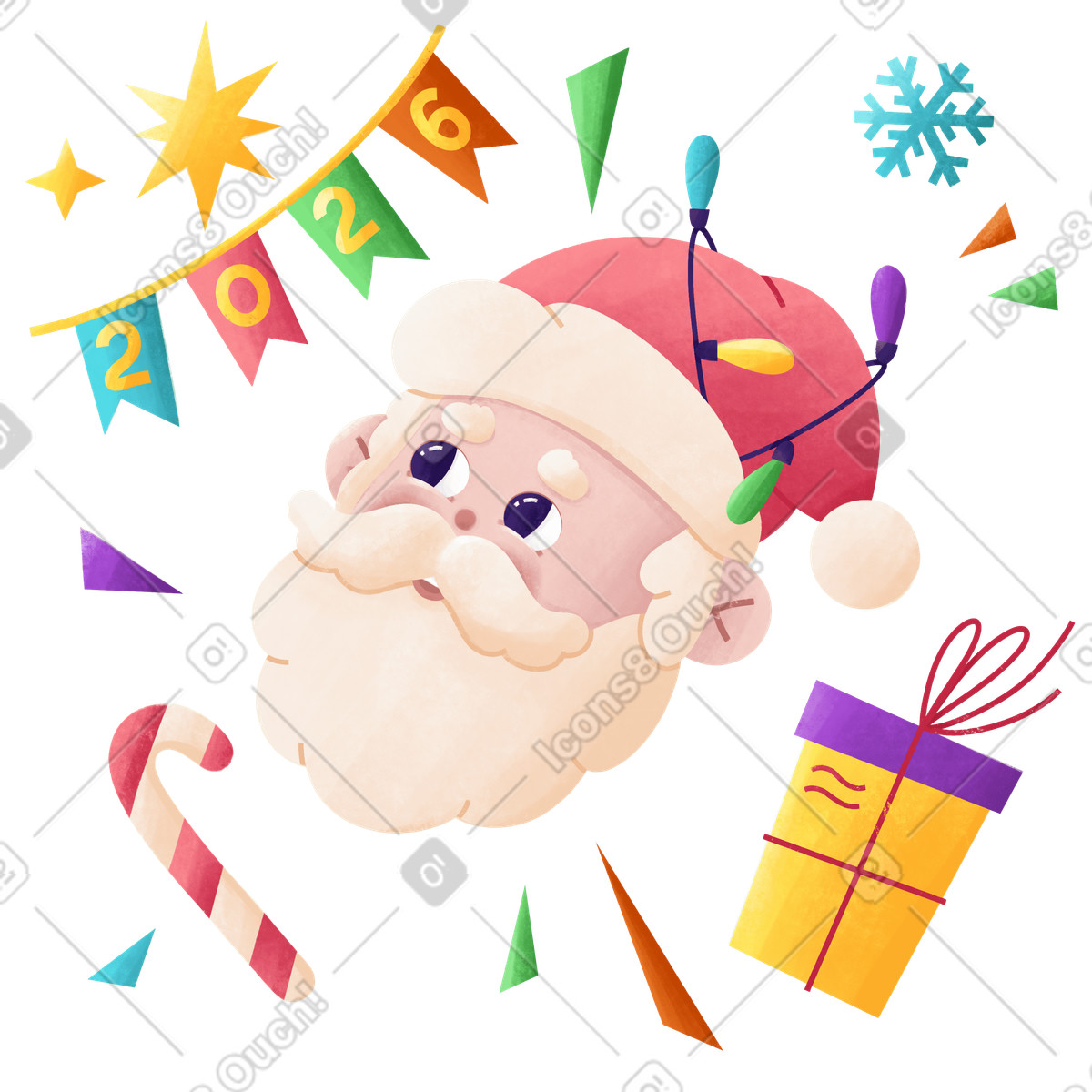 Illustration Santa Claus with festive decorations, Christmas and New Year celebration dans le style Bonbon à télécharger aux formats PNG, SVG