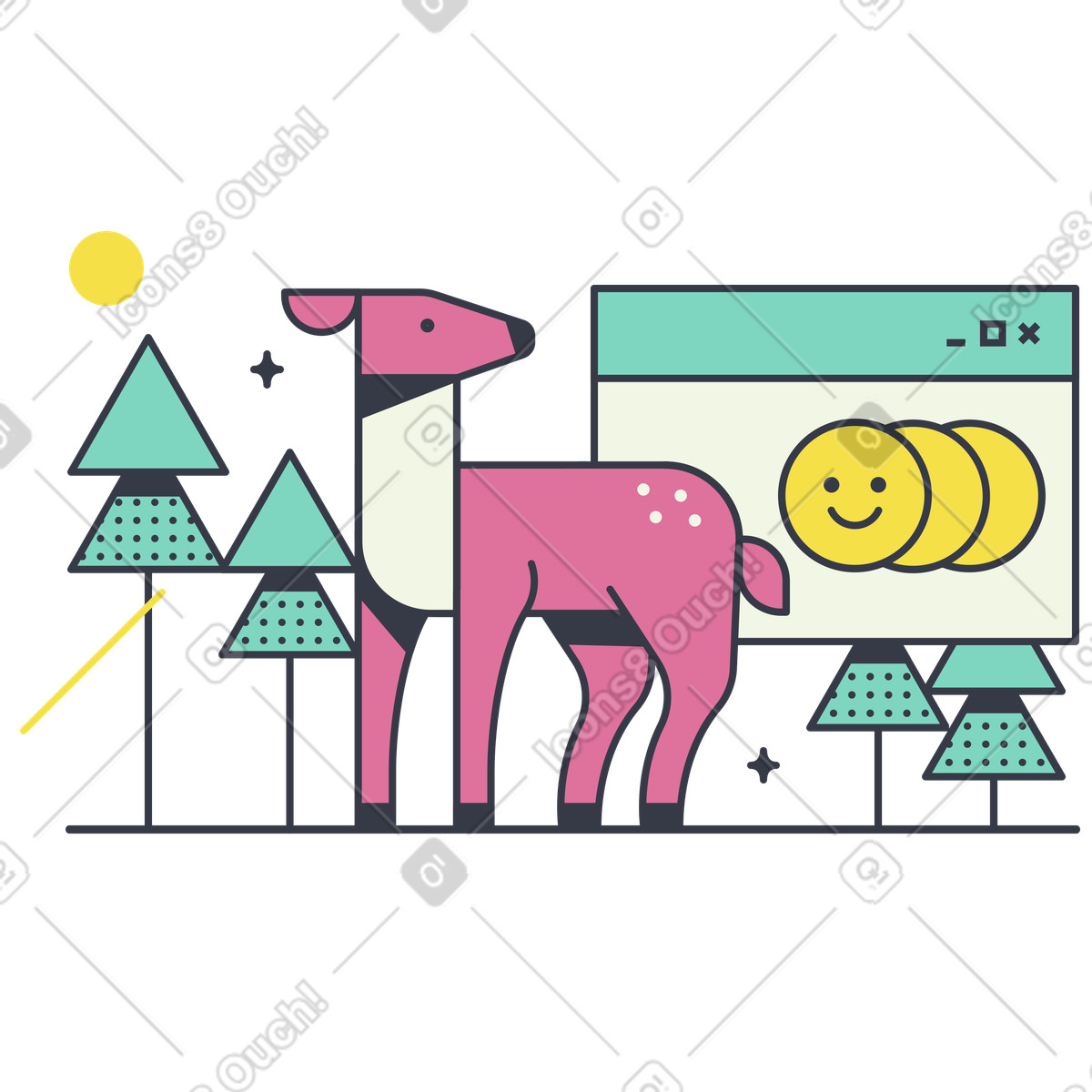Doe and pine trees beside browser window, Forest wellness concept illustration in Abstract style download in PNG, SVG