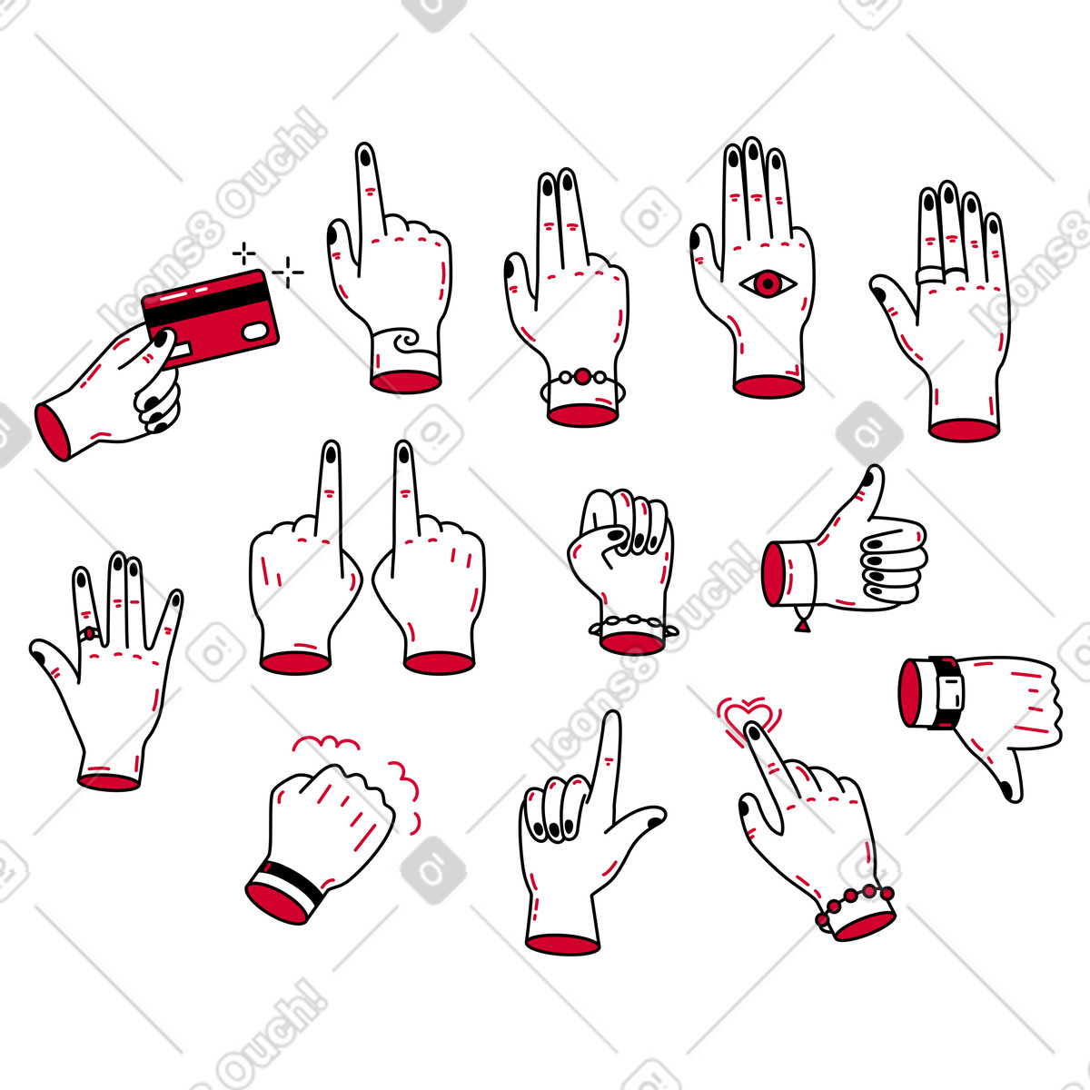 Ilustración Manos haciendo diferentes gestos. en estilo Ruby a descargar en PNG y SVG