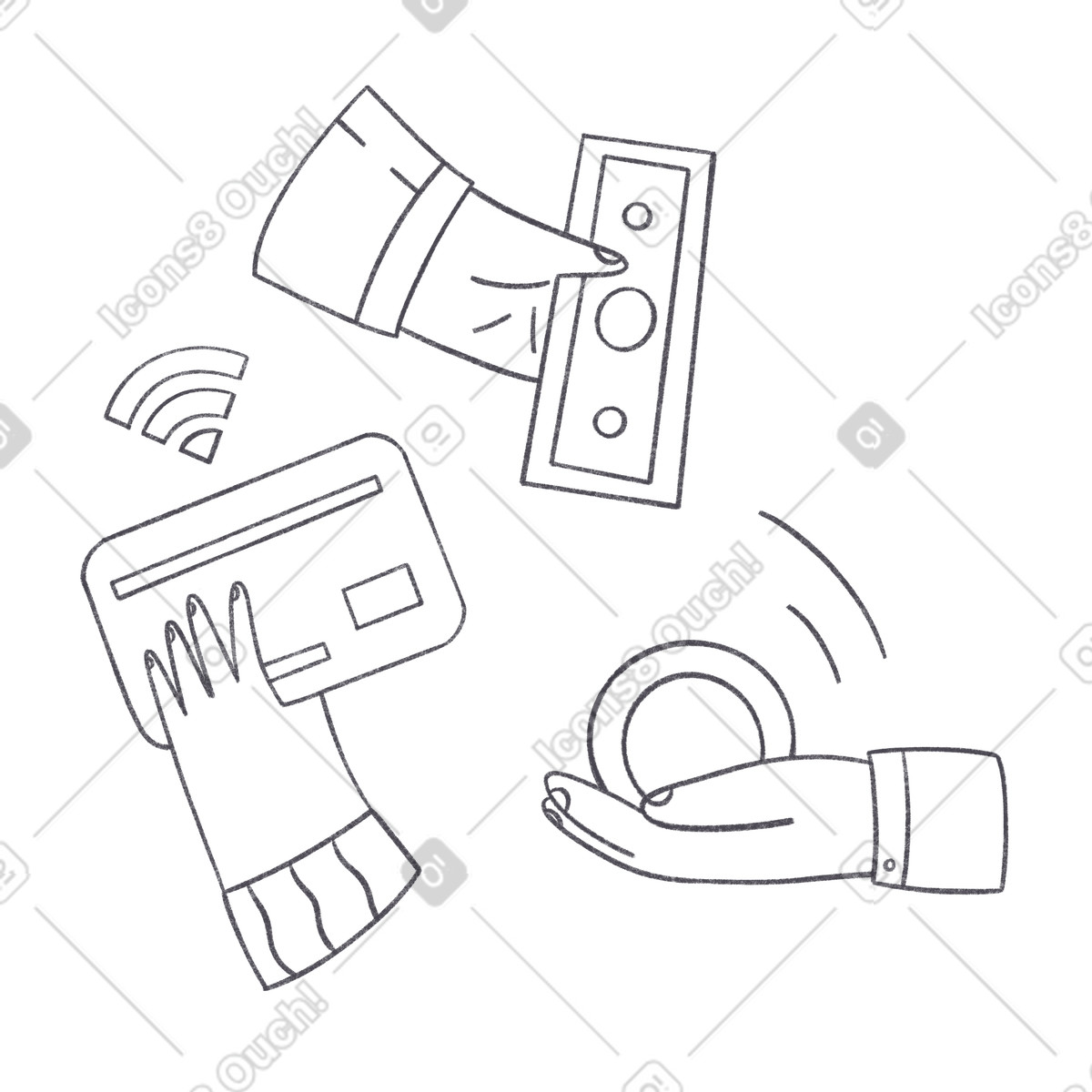 Cash, coins, and contactless card in use, Financial transactions commerce illustrazione stile Bonbon Line scarica PNG, SVG
