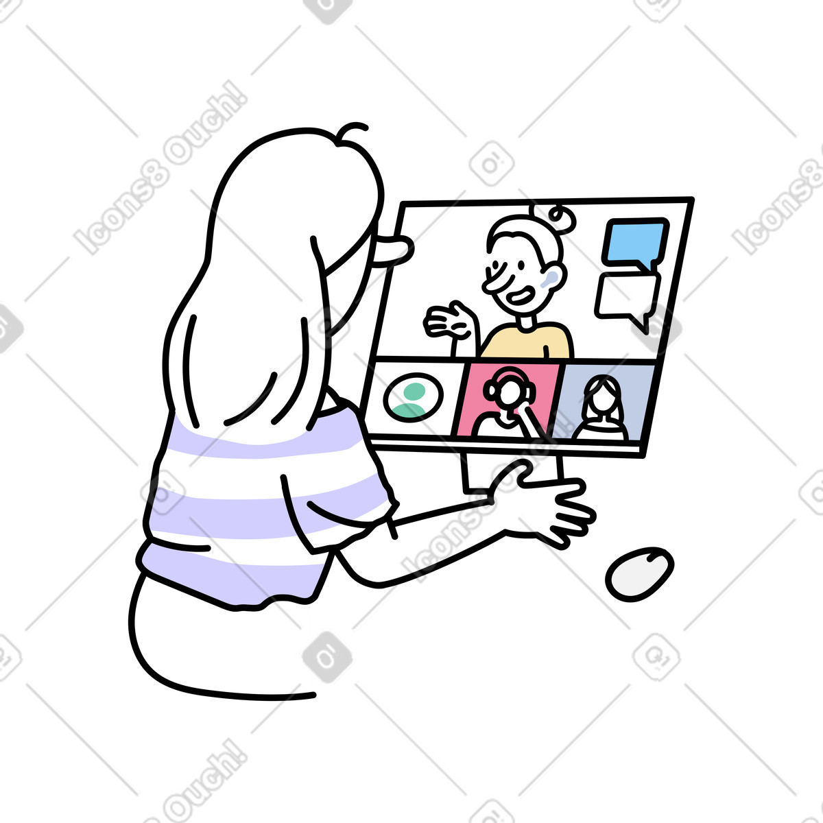 Frau spricht bei online-meeting-Illustration im Notes-Stil als Download in PNG, SVG