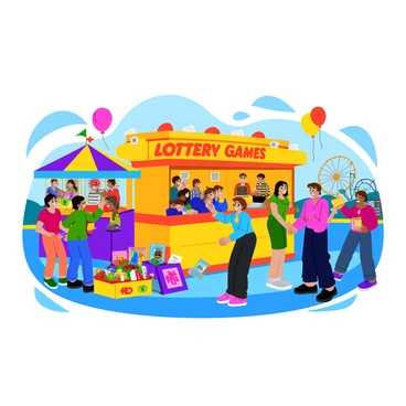 A vibrant carnival scene filled with colorful decorations and cheerful visitors. In the foreground, there is a booth dedicated to lottery games. The booth is painted in bright colors, featuring large, eye-catching signs that read "Lottery Games" in bold letters. Around the booth, various prizes are displayed, including plush toys, colorful game tickets, and shiny trinkets. Clusters of excited people are gathered around, eagerly trying their luck at the games. Balloons in various shapes float above the scene, adding to the festive atmosphere. The background is filled with other carnival attractions like a Ferris wheel and game stalls.