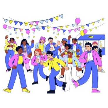 A lively festival with people dressed in colorful bow ties