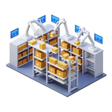 A smart, automated storage and retrieval system featuring multiple robotic arms. The system is actively organizing factory inventory by placing boxes of various sizes onto shelves. The shelves are tall and metallic, filled with neatly arranged items, while the robotic arms are moving swiftly and efficiently. There are screens displaying real-time inventory data in the background. The environment is well-lit, showcasing the modern design of the factory interior.