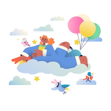 A child dreaming of flying through the clouds with comic-style fantasy elements