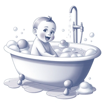 A baby with tears streaming down its face is sitting in a bathtub filled with bubbles. The bubbles are overflowing from the sides of the tub, creating a whimsical scene. Soap suds are scattered across the surface of the water and on the tiled floor surrounding the bathtub. The baby has chubby cheeks and is surrounded by various bath toys floating in the water. The bathroom setting features a tiled wall and a faucet with water cascading down into the tub.