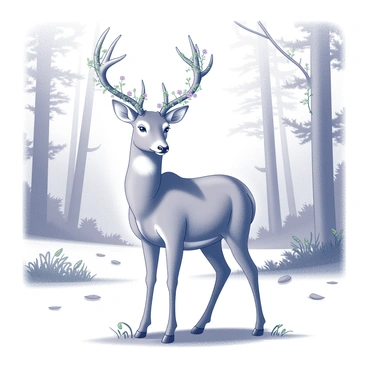 A deer with antlers intertwined with vines and flowers in a forest clearing