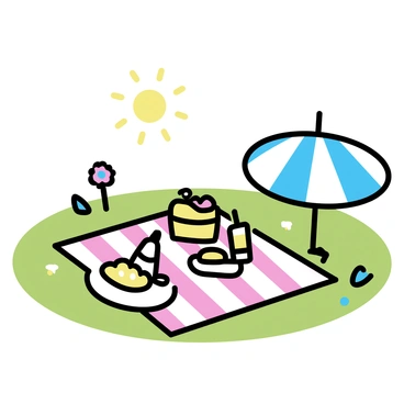 A picnic setup on a grassy knoll features a vibrant blanket with a red and white checkered pattern spread on the ground. On the blanket, there are various food items, including a basket filled with fresh fruits, a bottle of lemonade, and a plate of sandwiches. A blue and white striped umbrella is positioned to provide shade. Surrounding the picnic, several wildflowers in bright colors are scattered across the grass. The sun is shining brightly overhead, casting soft shadows on the picnic area, enhancing the scene's warmth and inviting feel.