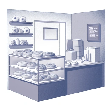 A cozy bakery filled with warm light. The interior features wooden shelves, showcasing an assortment of bagels arranged neatly. Each bagel has a unique texture and form, highlighting different toppings like sesame and poppy seeds. The wooden counter is adorned with loaves of bread and pastries, while a chalkboard menu hangs on the wall. The atmosphere invites customers to come in and enjoy freshly baked goods.