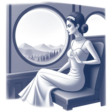 The Bride of Frankenstein is seated inside a vintage train carriage. She has her distinctive hair styled high, with white streaks contrasting against the black. She is gazing out of a large oval window, with a thoughtful expression on her face. Her wedding dress, tattered and elegant, flows gracefully as she sits. Outside the window, various landscapes are visible, including rolling hills, dark forests, and distant mountains, creating a sense of movement and travel. The interior of the train is adorned with ornate details, such as wooden paneling and plush seating, enhancing the vintage atmosphere of the journey.