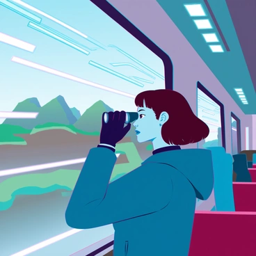A person with medium brown hair, wearing a blue jacket and black gloves, is peering through binoculars. The train window is slightly blurred, indicating high speed, with streaks of green and brown suggesting a lush landscape passing by. The person's focused expression shows concentration as they scan the horizon. Reflections of light shimmer on the glass, adding a dynamic feel to the scene. The interior of the train features modern seating and subtle high-tech details in the surrounding environment.
