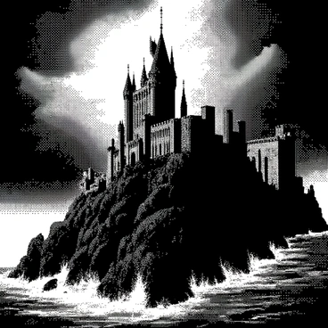 A dark and ominous castle is perched on a rugged cliff, its tall towers reaching into the stormy skies above. The castle walls are made of rough stone, showcasing intricate carvings and battlements. Surrounding the castle, jagged rocks jut out, adding to the harsh environment. Dark clouds swirl above, creating a sense of foreboding, while flashes of lightning illuminate the scene in stark contrast. The cliff drops sharply to the turbulent sea below, with waves crashing violently against the rocks.