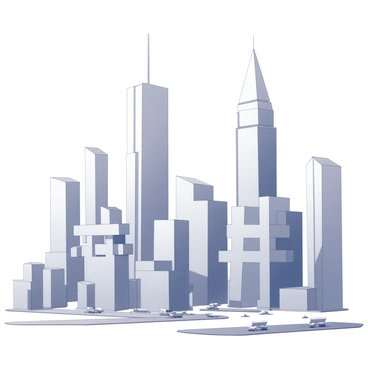 A futuristic city skyline where buildings are shaped like giant hashtags