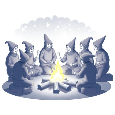 A group of hobbits is gathered around a large bonfire in the evening. The fire is crackling and emitting light, casting shadows on the faces of the hobbits, who are sitting on logs and the ground. Each hobbit has a joyful expression as they share stories with one another. Some hobbits are holding long sticks with marshmallows skewered on the ends, roasting them over the flames. The setting is cozy, with a few trees in the background and a starry sky overhead, enhancing the warm atmosphere of camaraderie.