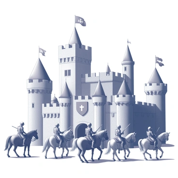 An elaborate medieval castle set with knights on horseback and banners fluttering in the wind