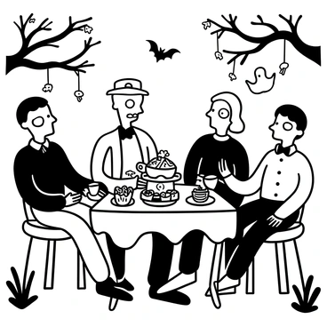 A group of zombies sitting around a vintage table with mismatched chairs in a garden filled with wilted flowers and twisted trees. Each zombie has a unique outfit, such as a tattered dress or a worn-out suit, with various accessories like a hat or a bow tie. The table is set with an assortment of teacups, some chipped, and a teapot with intricate designs. Various sweets and pastries are arranged on a tiered stand. A friendly ghost floats nearby, holding a teacup. Cobwebs hang gently from the branches, and a few bats can be seen in the background.