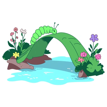 A green caterpillar is diligently constructing a bridge using large, vibrant leaves. The bridge is arching over a small, clear stream that glimmers under sunlight. The caterpillar is positioned on one of the larger leaves, carefully connecting it to another leaf on the opposite bank. Surrounding the scene are colorful flowers blooming along the stream's edge. The water is gently flowing beneath the bridge, creating small ripples as it moves.