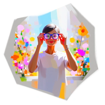 A person putting on glasses labeled 'Empathy' and seeing the world in bright colors