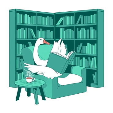 A teal cozy bookstore filled with wooden shelves stacked with various books. In the center of the scene, there is a white comfy chair where a goose is sitting, holding a large book open in its wings. The goose has its head tilted as if deeply engrossed in the story. Surrounding the chair, there are warm, soft lights casting a gentle glow on the books. A small wooden table beside the chair has a steaming cup of tea resting on it, adding to the inviting atmosphere.