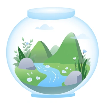 A glass terrarium contains a tiny world with lush, green miniature mountains rising in the background. In the foreground, small rivers wind through the landscape, reflecting the sunlight. Delicate plants of varying heights are scattered throughout the scene, some with tiny flowers. Small rocks are positioned along the riverbanks, adding texture to the environment. The glass structure is sealed, allowing a glimpse into this vibrant ecosystem.