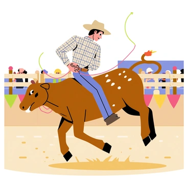A cowboy wearing a plaid shirt and a wide-brimmed hat is holding tightly onto a bucking bull in a rodeo arena. The bull is brown with white spots, its muscles tense as it kicks up dust while trying to throw off the cowboy. The arena is surrounded by wooden fences, with a crowd of spectators watching intently in the background. The sun casts bright light over the scene, illuminating the cowboy's determined expression as he grips the bull's rope. Colorful banners hang from the sides of the arena, adding vibrancy to the atmosphere.