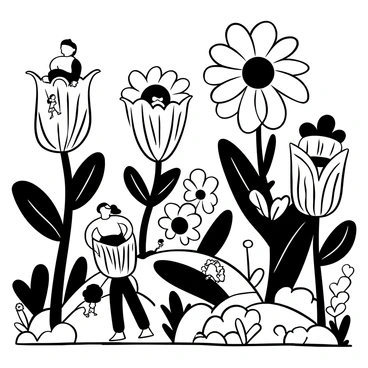 A garden filled with oversized flowers in various shapes and sizes, towering over tiny people. The flowers have intricate patterns on their petals, with some resembling daisies, tulips, and sunflowers. Tiny people are scattered throughout the scene, some climbing the stems of flowers while others are peeking into large flower cups. A winding path made of small stones leads through the garden, with more tiny figures interacting with the vibrant plants around them. In the background, larger foliage and plants create a sense of depth and wonder in this imaginative setting.