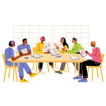 A group of artists gathered around a table, discussing vector illustration techniques