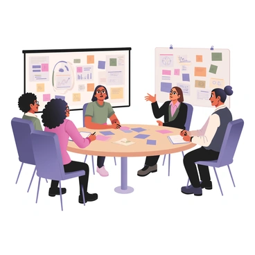 A digital flat illustration of a lively brainstorming session in a bright, modern office space. In the center, a round table is covered with various colorful sticky notes in shades of pink, blue, yellow, and green. Around the table, a diverse group of four individuals is engaged in discussion; one person with curly dark hair and glasses is writing on a sticky note, while another with straight brown hair is gesturing animatedly. On the walls, there are colorful charts filled with diagrams and graphs in vibrant colors including orange, purple, and teal. A large whiteboard displays additional notes and ideas in multicolored markers. The atmosphere is energetic and collaborative.